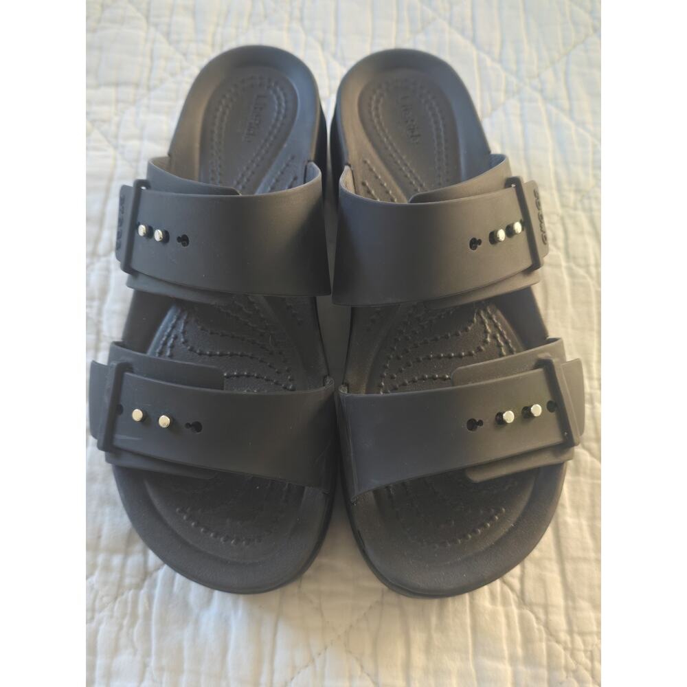 Crocs Womens Brooklyn Buckle Black Double Strap Wedge Slide Sandals Size 6 heel - Picture 12 of 15